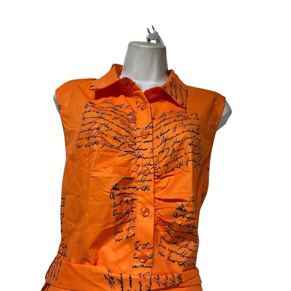 Simplee Plus Dress 3XL Orange Script Print Button Down Sleeveless Fit & Flare - Picture 4 of 6